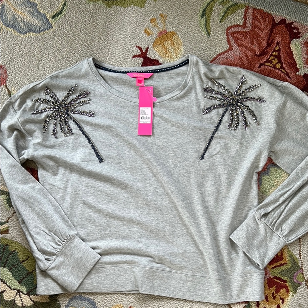 Lilly Pulitzer Embellished Gray Top with Palm Design, sequins,beading, stones